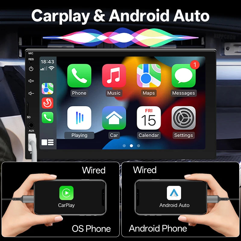 Hippcron 7" Car Radio 2Din Multimedia MP5 Player Wired Carplay Android AutoTouch Screen FM AUX Input Bluetooth Support Camera