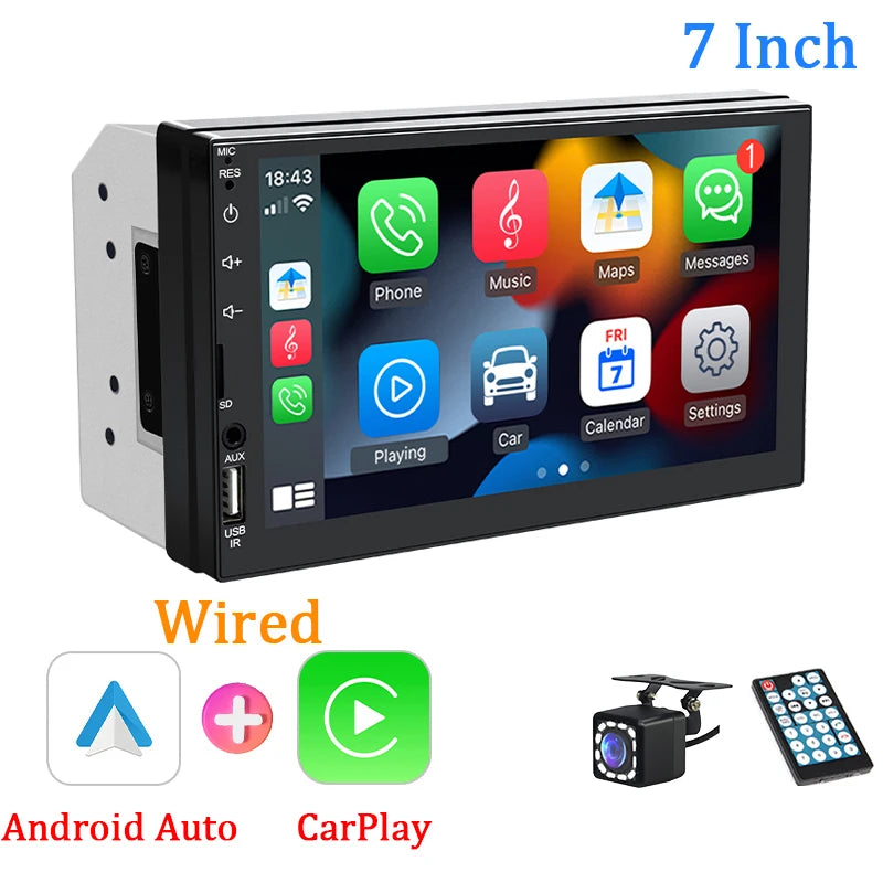 Hippcron 7" Car Radio 2Din Multimedia MP5 Player Wired Carplay Android AutoTouch Screen FM AUX Input Bluetooth Support Camera