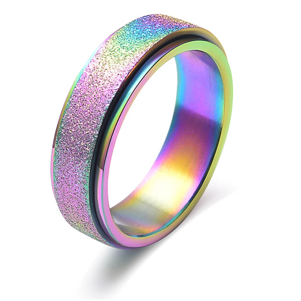 Fashion Multi Color 6mm Sandblasting Stainless Steel Spinner Ring for Women Men Stress Release Rotatable Bands Casual Tail Rings