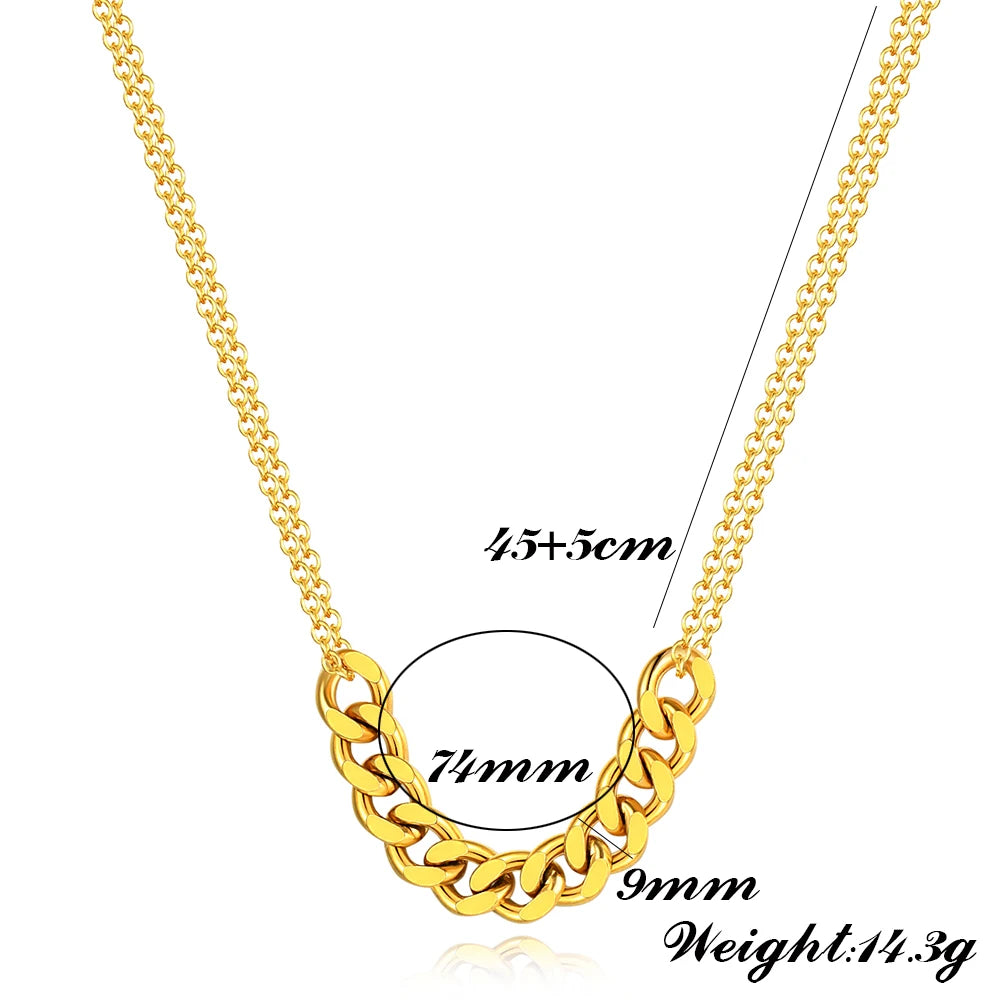 NIBASTAR Woman Punk Double Necklace Bold Cuban Chain Charm Necklace Stainless Steel Fashion Unique Casual Jewelry