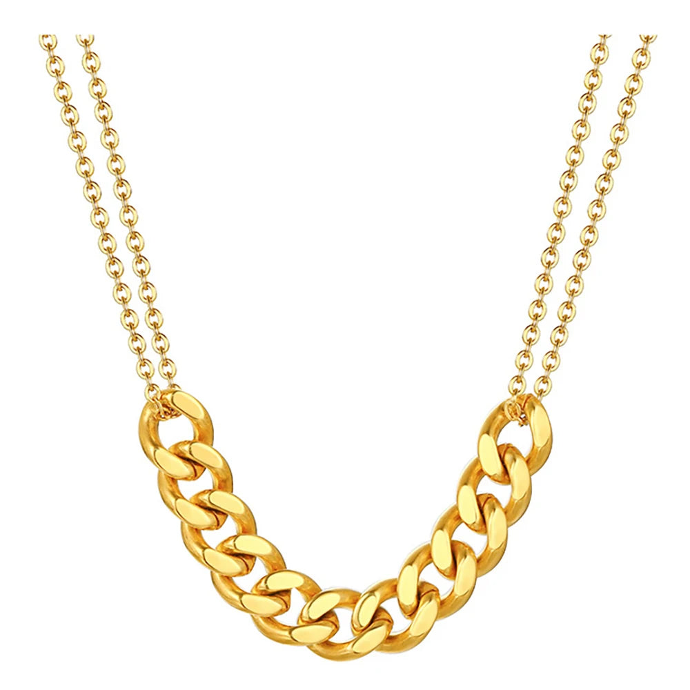 NIBASTAR Woman Punk Double Necklace Bold Cuban Chain Charm Necklace Stainless Steel Fashion Unique Casual Jewelry