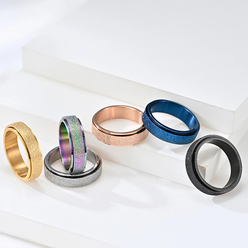 Fashion Multi Color 6mm Sandblasting Stainless Steel Spinner Ring for Women Men Stress Release Rotatable Bands Casual Tail Rings