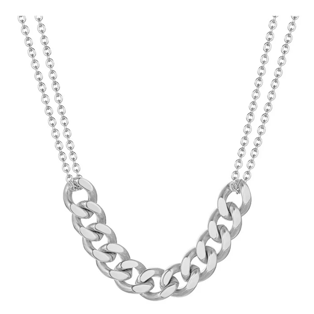 NIBASTAR Woman Punk Double Necklace Bold Cuban Chain Charm Necklace Stainless Steel Fashion Unique Casual Jewelry