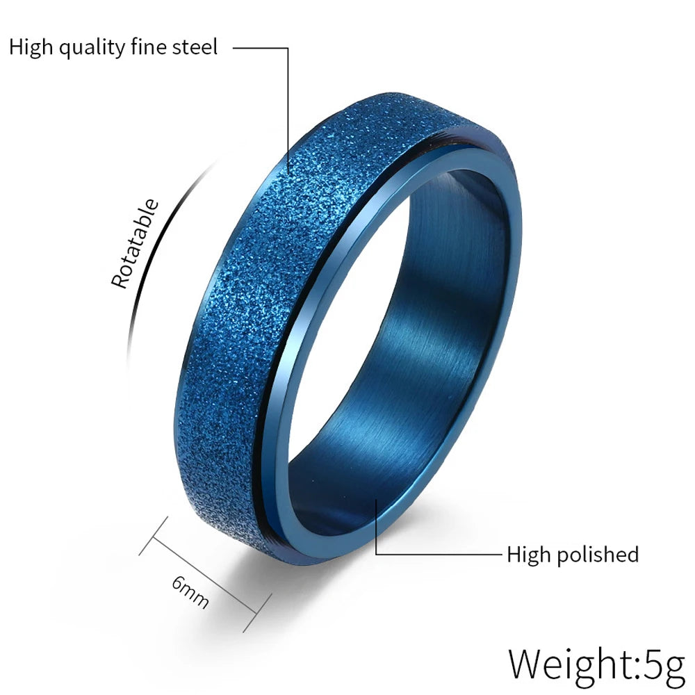 Fashion Multi Color 6mm Sandblasting Stainless Steel Spinner Ring for Women Men Stress Release Rotatable Bands Casual Tail Rings