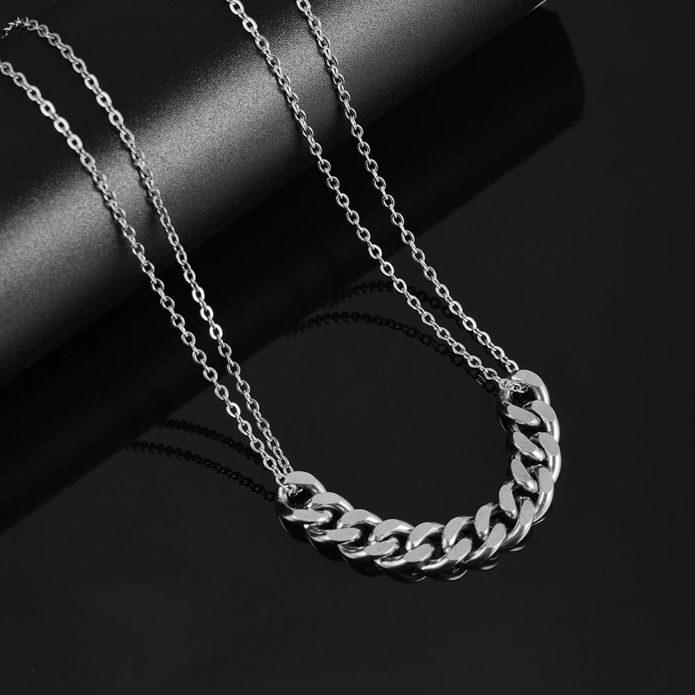 NIBASTAR Woman Punk Double Necklace Bold Cuban Chain Charm Necklace Stainless Steel Fashion Unique Casual Jewelry
