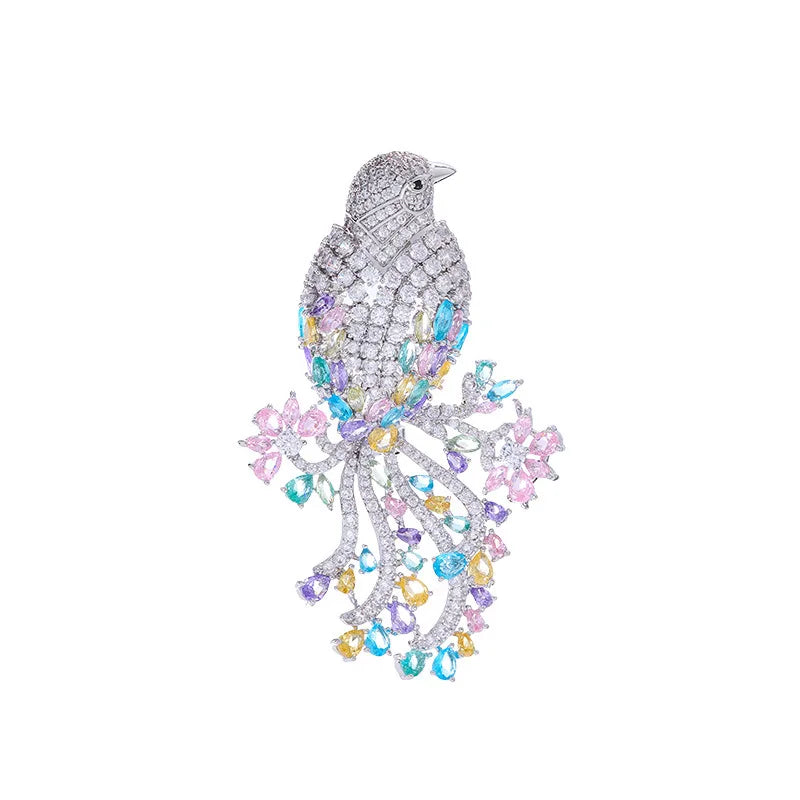 New High-end Luxury Inlaid with Colorful Zirconia Bird Brooches for Women and Men Suit Coat Accessories Elegant Cute Animal Pin