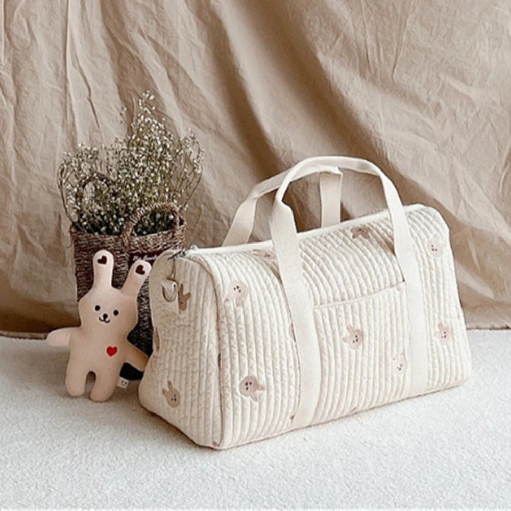 Cute Cartoon Baby Diaper Bag Embroidered Nappy Organizer with Zipper Unisex Mom Tote Storage Bag for Travel and Daily Use