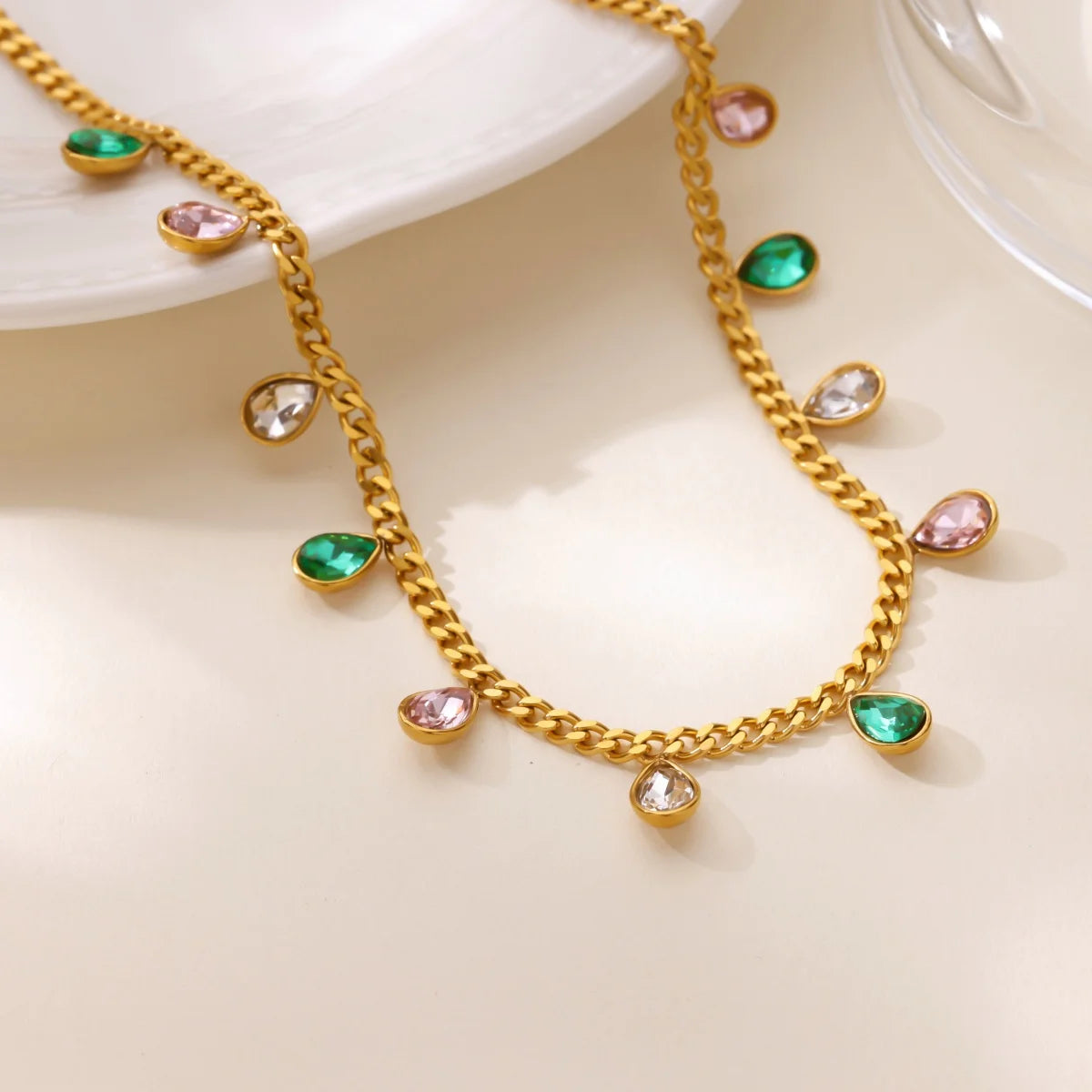 Colored Zircon Waterdrop Necklace For Women Stainless Steel Gold Color Chain Choker Necklace Luxury Jewelry collares para mujer