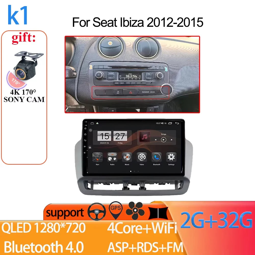 Android Auto Radio Car For Seat Ibiza 2012-2015 GPS Navigation QLED Touch Screen Multimedia Video Player 5G WIFI BT No 2din DVD