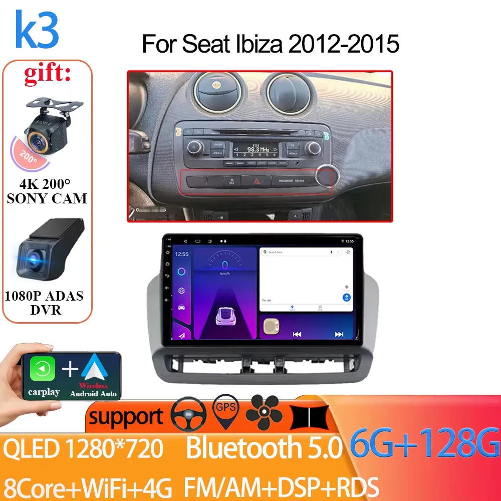 Android Auto Radio Car For Seat Ibiza 2012-2015 GPS Navigation QLED Touch Screen Multimedia Video Player 5G WIFI BT No 2din DVD