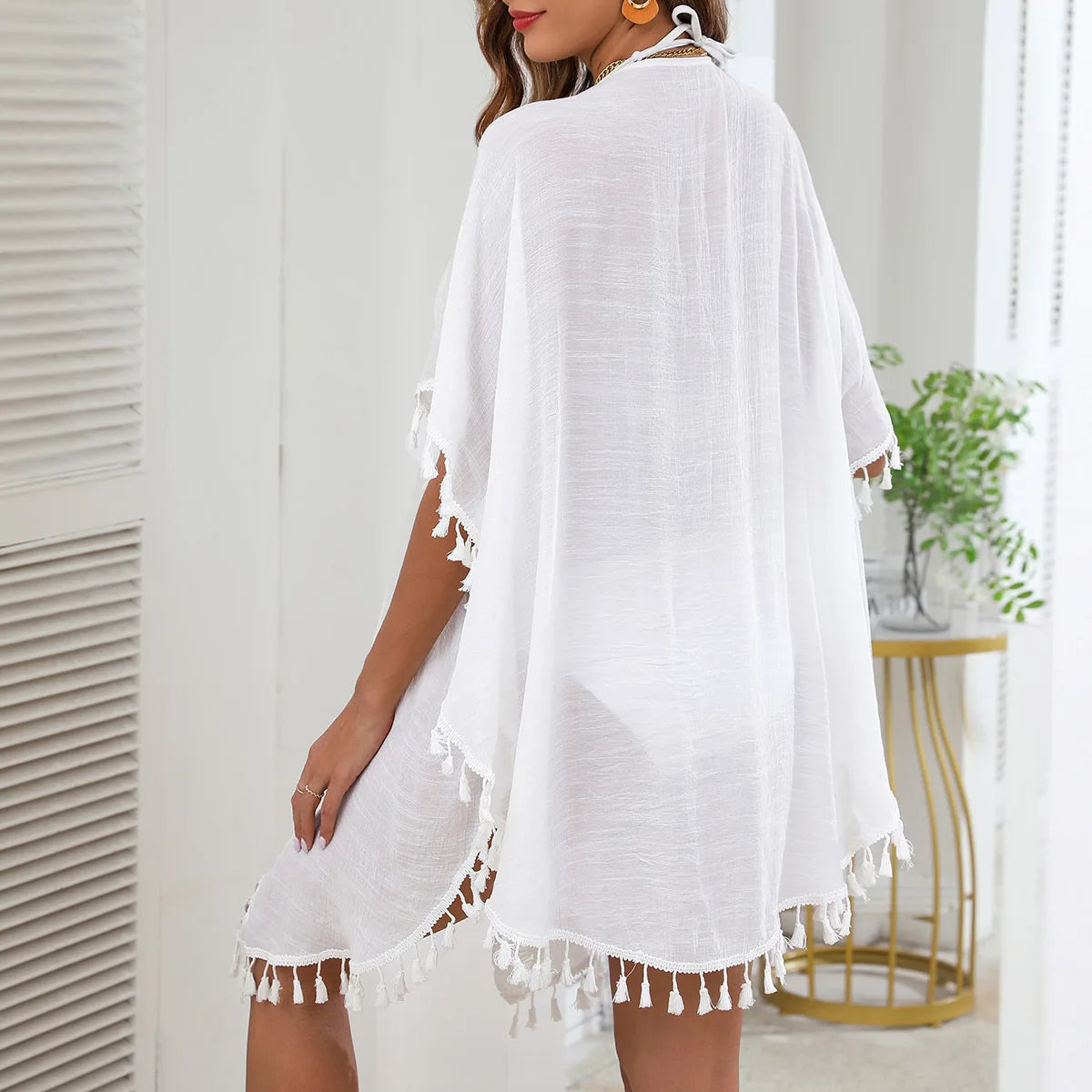 2025 Women's Ribbed Cotton Beach Cover Up Tassel Trim Boho Oversized Kaftan Resort Wear Swimsuit Coverup One Size