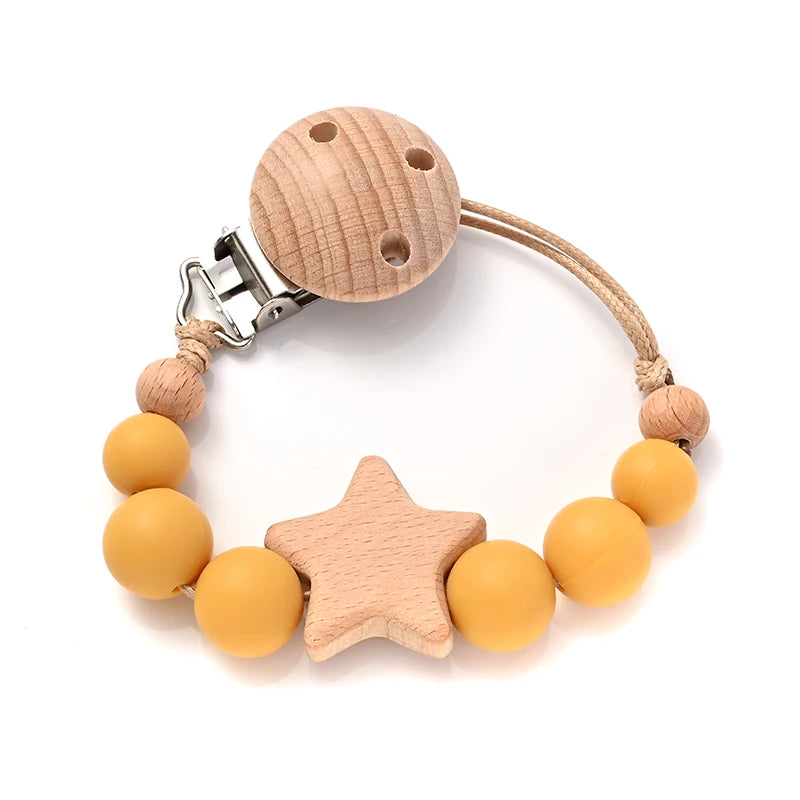 New Baby Pacifier Chain Clips Wood Pentagram Teether Silicone Round Beads Teething Chain For Care Soother Chew Toys Shower Gift