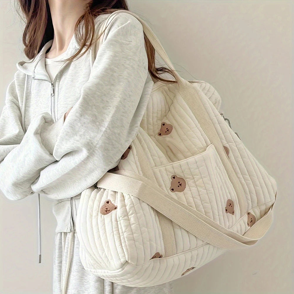 Cute Cartoon Baby Diaper Bag Embroidered Nappy Organizer with Zipper Unisex Mom Tote Storage Bag for Travel and Daily Use
