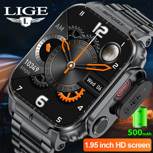 LIGE New 1.95" HD Screen Smart Watch Men 500mAh Big Battery Outdoor Sports Man Watches BT Call Smartwatch With Electronic Heater