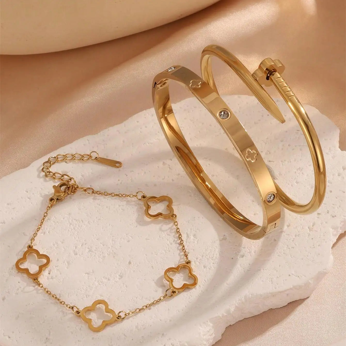 3PCS French Lucky Clover Women's Bracelet Set High Quality Stainless Steel INS Hot Selling Bracelet Charm Feeling Jewelry Gift