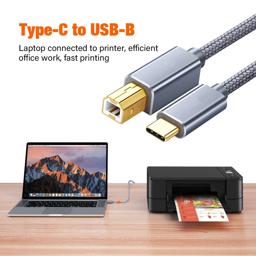1m 2m 3m USB C to USB B 2.0 Printer Cable Braided Printer Scanner Laptop Computer High Speed for Epson HP Brother Huawei Xiaomi