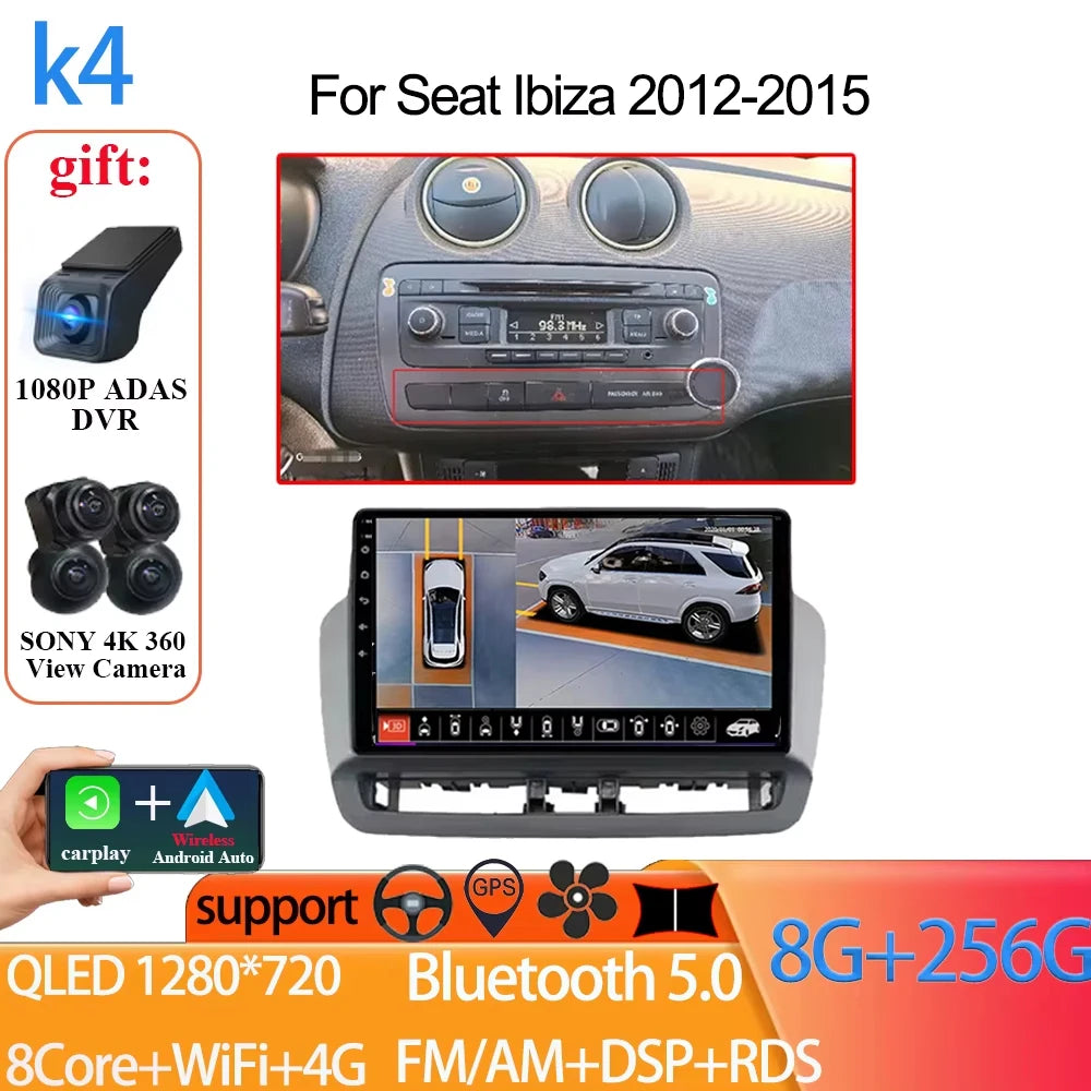Android Auto Radio Car For Seat Ibiza 2012-2015 GPS Navigation QLED Touch Screen Multimedia Video Player 5G WIFI BT No 2din DVD