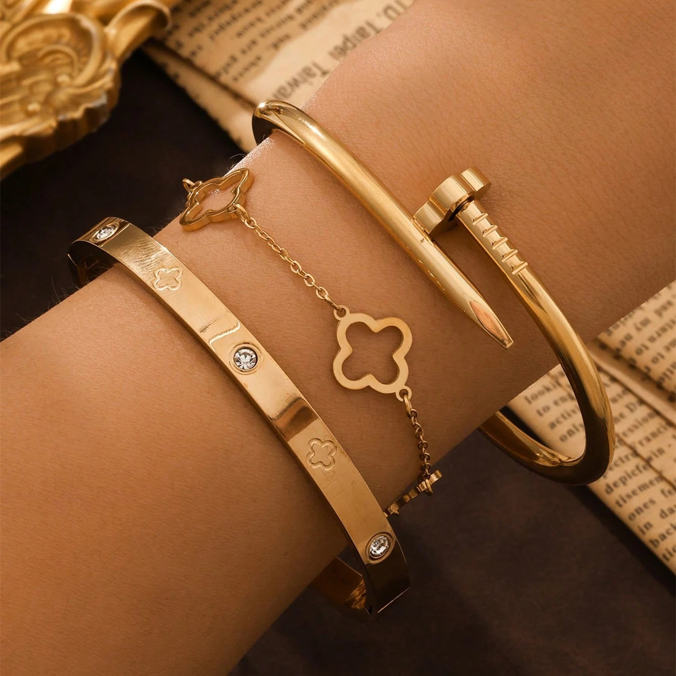 3PCS French Lucky Clover Women's Bracelet Set High Quality Stainless Steel INS Hot Selling Bracelet Charm Feeling Jewelry Gift