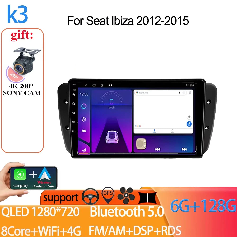 Android Auto Radio Car For Seat Ibiza 2012-2015 GPS Navigation QLED Touch Screen Multimedia Video Player 5G WIFI BT No 2din DVD