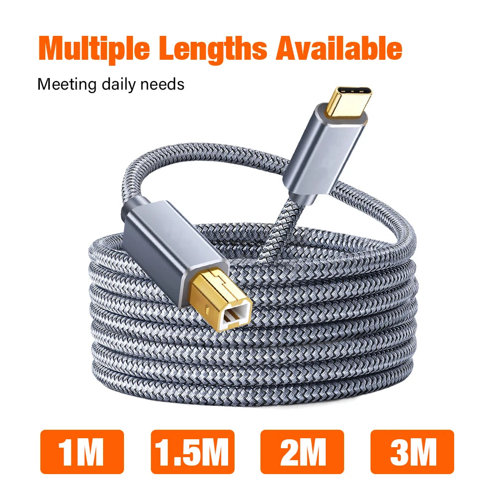 1m 2m 3m USB C to USB B 2.0 Printer Cable Braided Printer Scanner Laptop Computer High Speed for Epson HP Brother Huawei Xiaomi