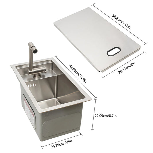Single Bowl Bar Kitchen Laundry Sink Set Stainless Steel Hidden w/Folding Faucet
