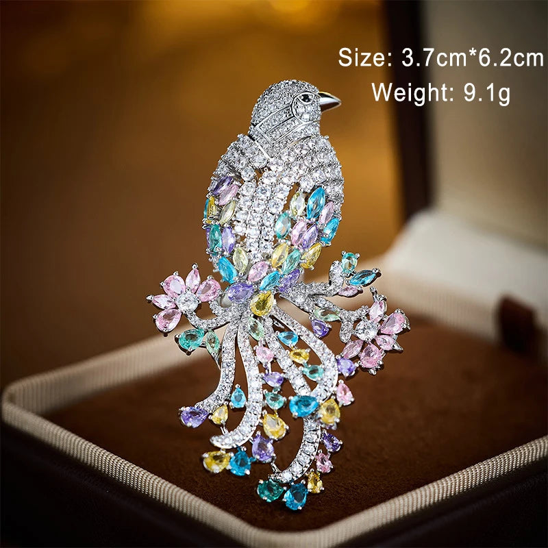 New High-end Luxury Inlaid with Colorful Zirconia Bird Brooches for Women and Men Suit Coat Accessories Elegant Cute Animal Pin