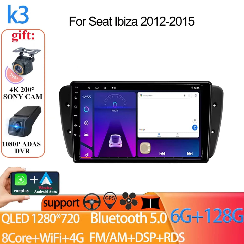 Android Auto Radio Car For Seat Ibiza 2012-2015 GPS Navigation QLED Touch Screen Multimedia Video Player 5G WIFI BT No 2din DVD