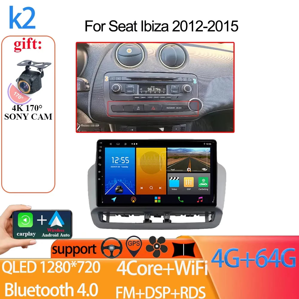 Android Auto Radio Car For Seat Ibiza 2012-2015 GPS Navigation QLED Touch Screen Multimedia Video Player 5G WIFI BT No 2din DVD