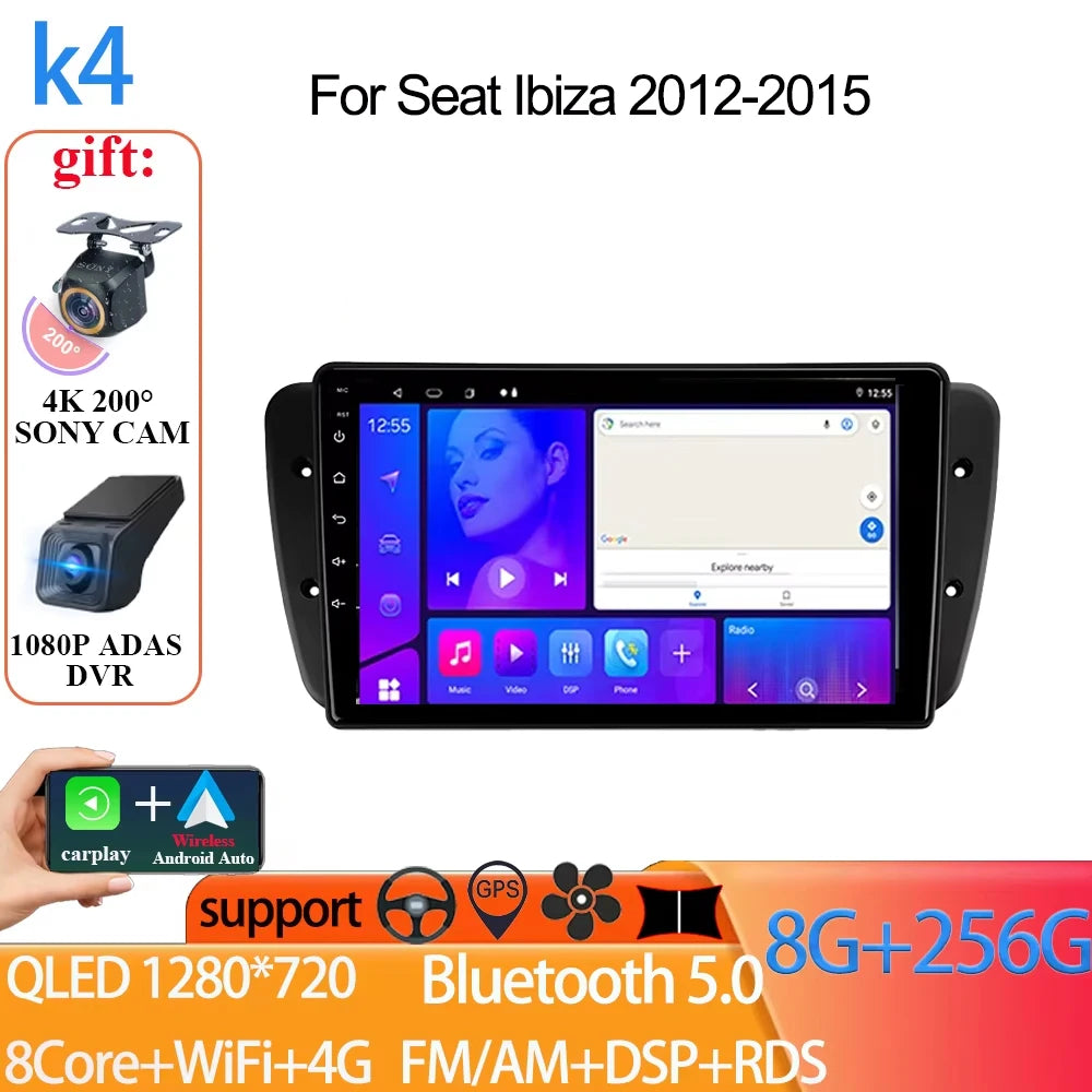 Android Auto Radio Car For Seat Ibiza 2012-2015 GPS Navigation QLED Touch Screen Multimedia Video Player 5G WIFI BT No 2din DVD