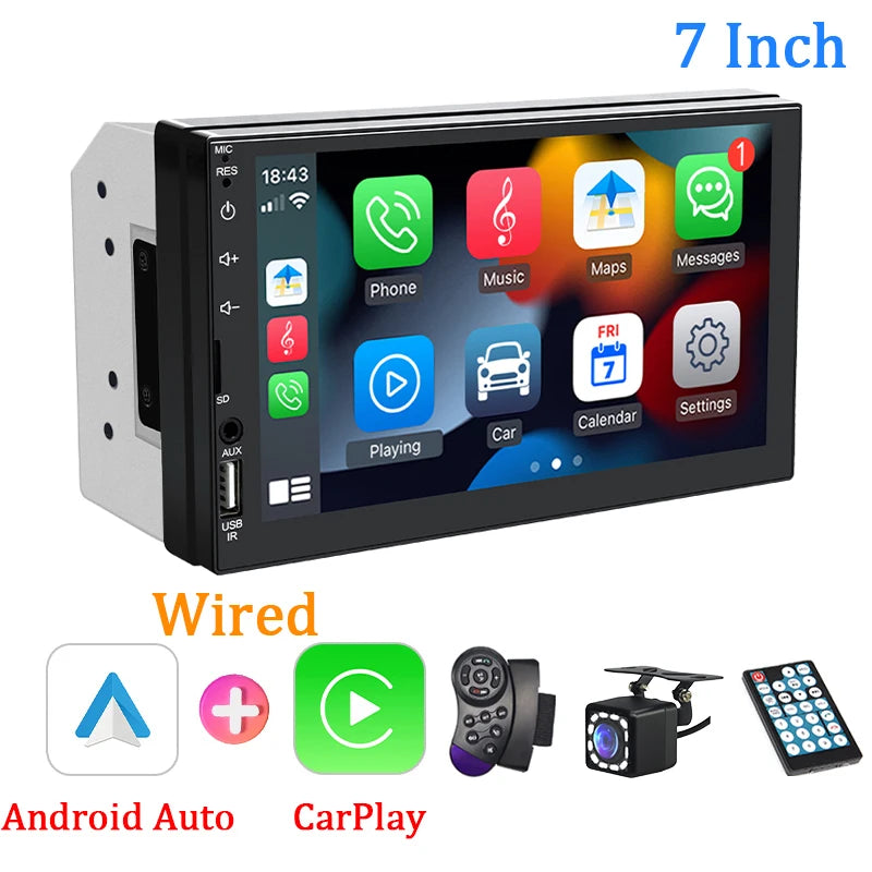 Hippcron 7" Car Radio 2Din Multimedia MP5 Player Wired Carplay Android AutoTouch Screen FM AUX Input Bluetooth Support Camera