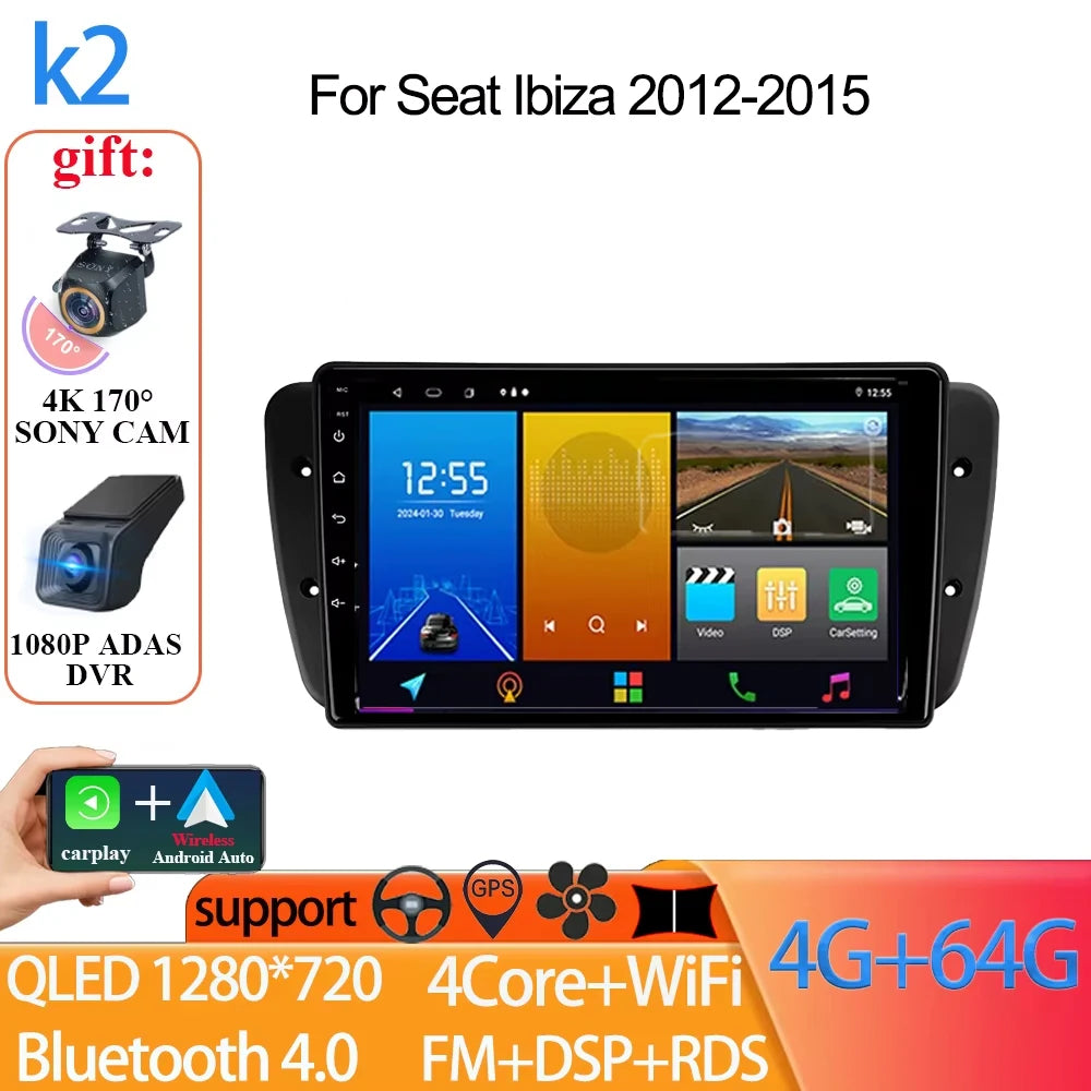 Android Auto Radio Car For Seat Ibiza 2012-2015 GPS Navigation QLED Touch Screen Multimedia Video Player 5G WIFI BT No 2din DVD