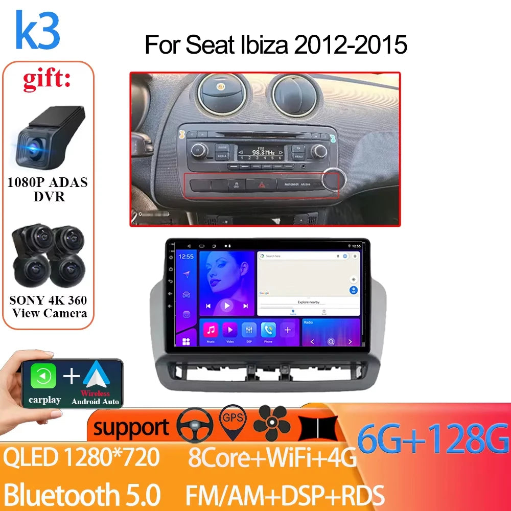 Android Auto Radio Car For Seat Ibiza 2012-2015 GPS Navigation QLED Touch Screen Multimedia Video Player 5G WIFI BT No 2din DVD