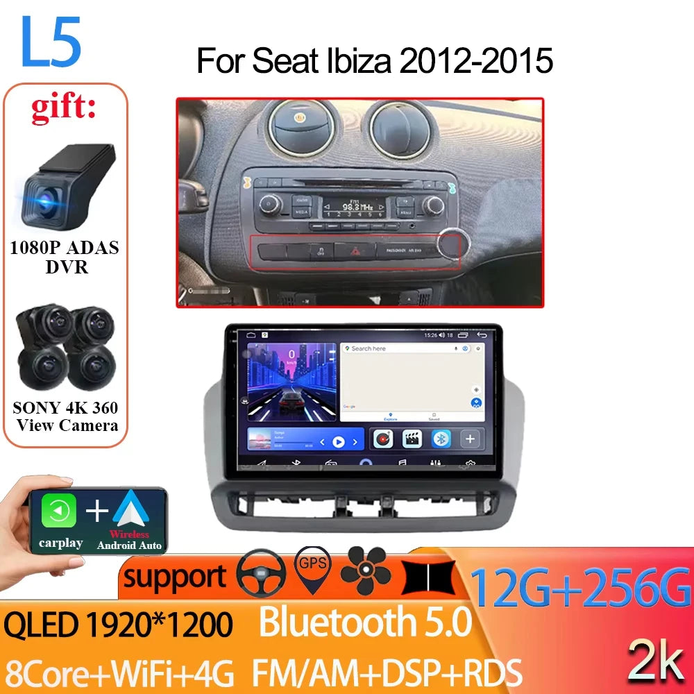 Android Auto Radio Car For Seat Ibiza 2012-2015 GPS Navigation QLED Touch Screen Multimedia Video Player 5G WIFI BT No 2din DVD