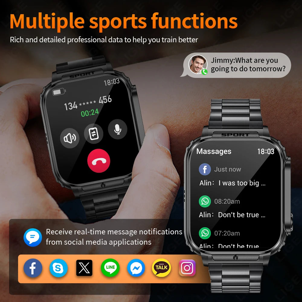 LIGE New 1.95" HD Screen Smart Watch Men 500mAh Big Battery Outdoor Sports Man Watches BT Call Smartwatch With Electronic Heater