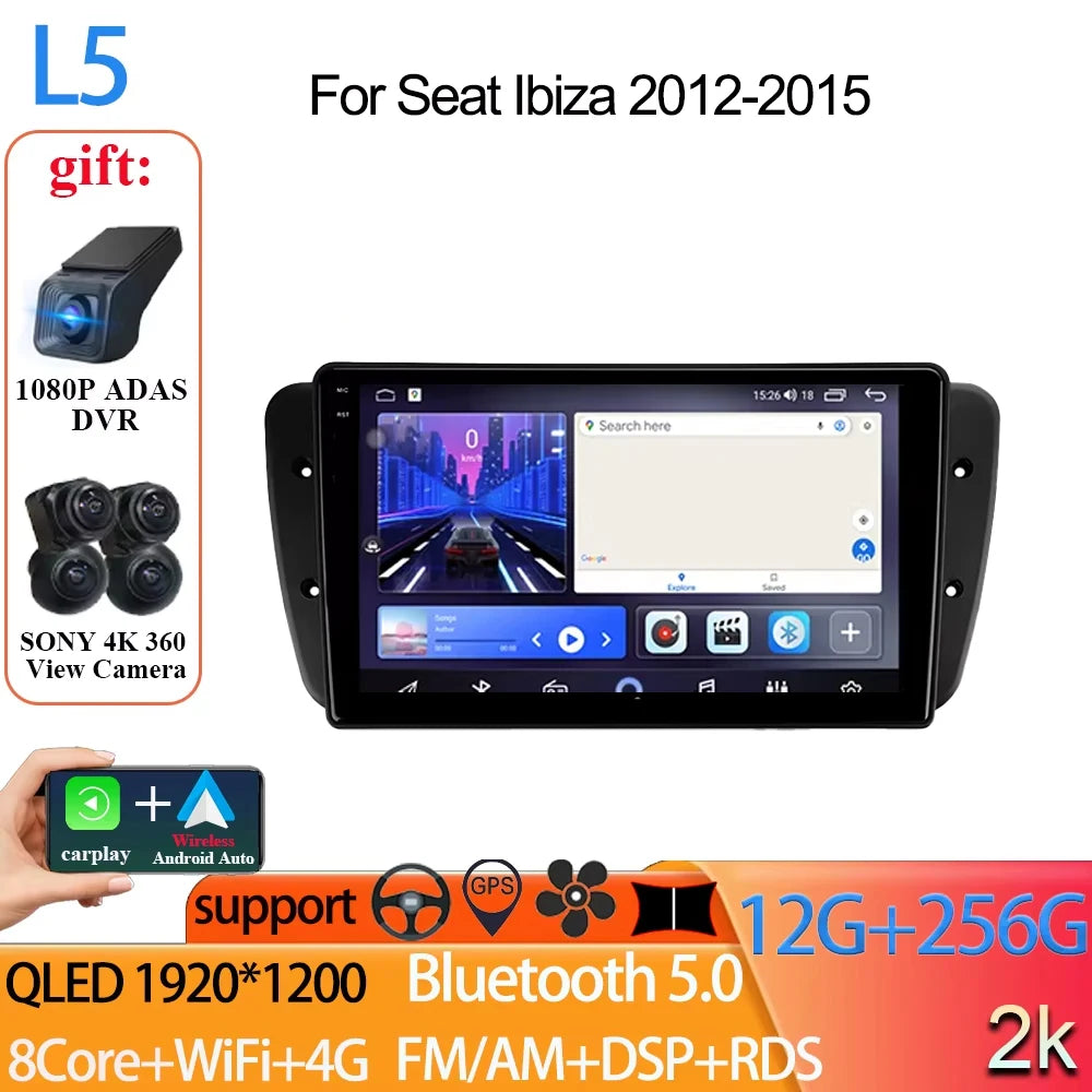Android Auto Radio Car For Seat Ibiza 2012-2015 GPS Navigation QLED Touch Screen Multimedia Video Player 5G WIFI BT No 2din DVD