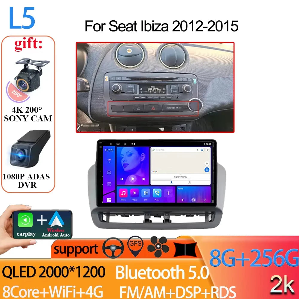 Android Auto Radio Car For Seat Ibiza 2012-2015 GPS Navigation QLED Touch Screen Multimedia Video Player 5G WIFI BT No 2din DVD