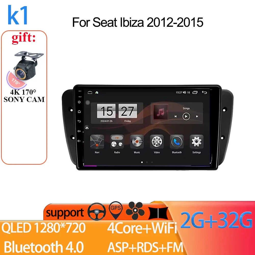Android Auto Radio Car For Seat Ibiza 2012-2015 GPS Navigation QLED Touch Screen Multimedia Video Player 5G WIFI BT No 2din DVD