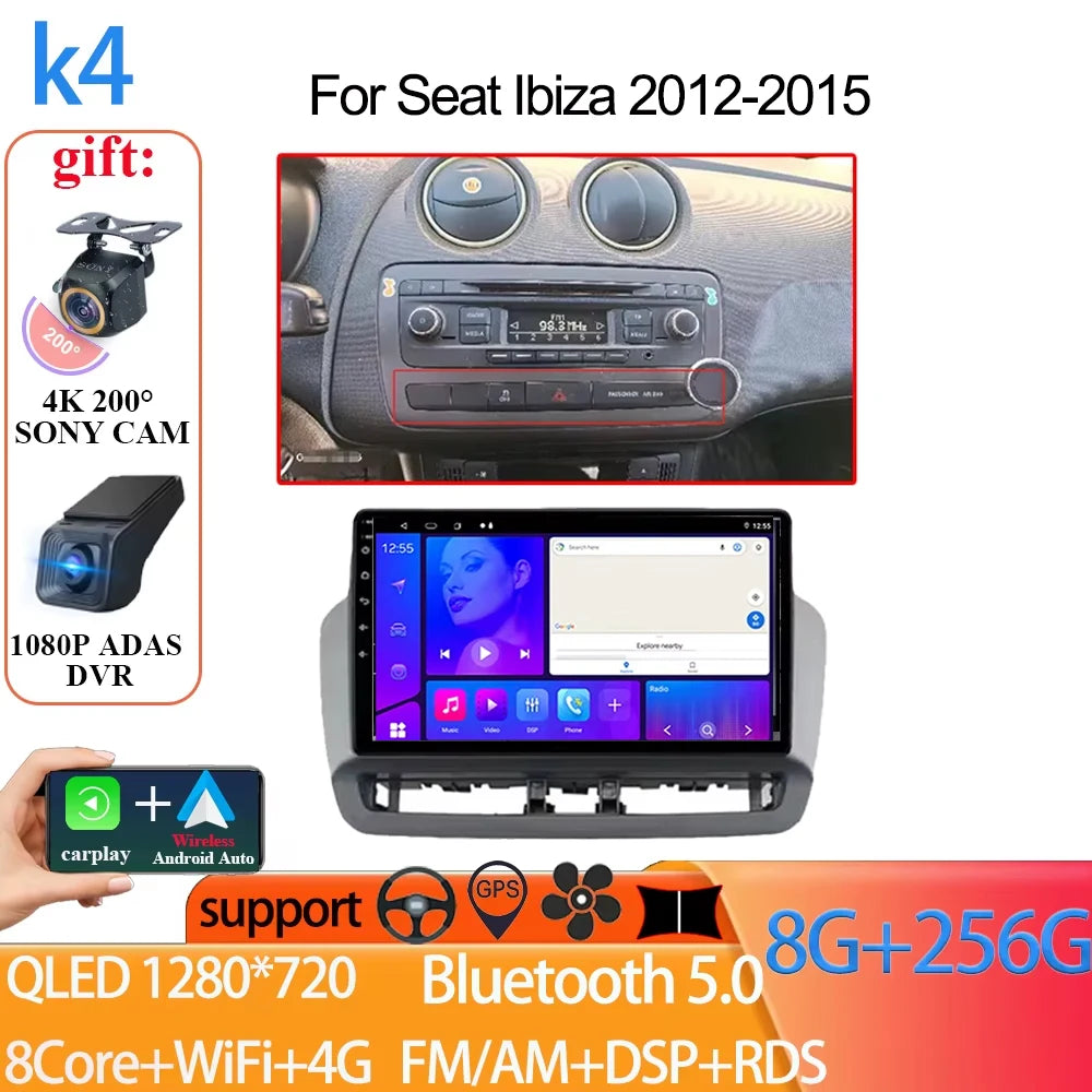 Android Auto Radio Car For Seat Ibiza 2012-2015 GPS Navigation QLED Touch Screen Multimedia Video Player 5G WIFI BT No 2din DVD