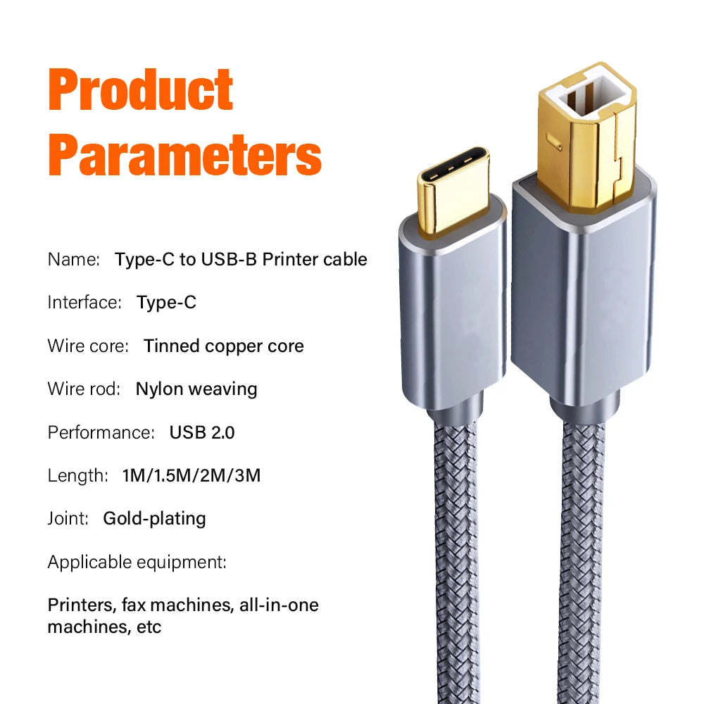 1m 2m 3m USB C to USB B 2.0 Printer Cable Braided Printer Scanner Laptop Computer High Speed for Epson HP Brother Huawei Xiaomi