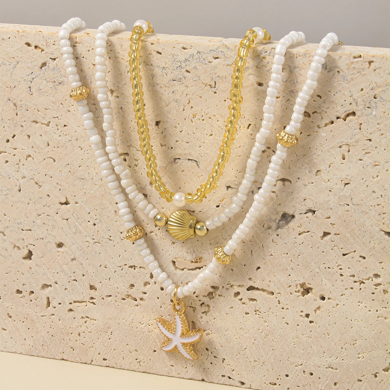 Vintage Women's Multi-layer Stacked Handmade Seed Bead Choker Trendy Starfish Shell Pendant Necklace Summer Beach Party Jewelry