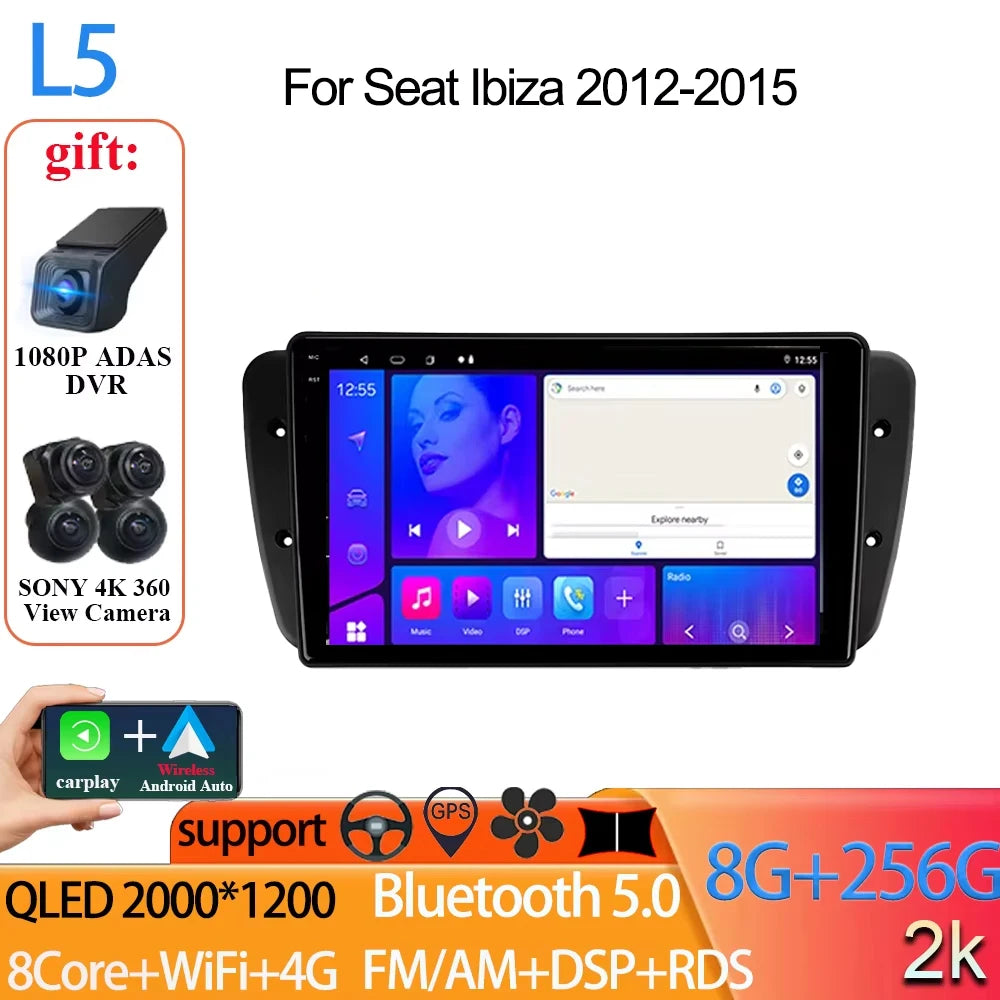 Android Auto Radio Car For Seat Ibiza 2012-2015 GPS Navigation QLED Touch Screen Multimedia Video Player 5G WIFI BT No 2din DVD