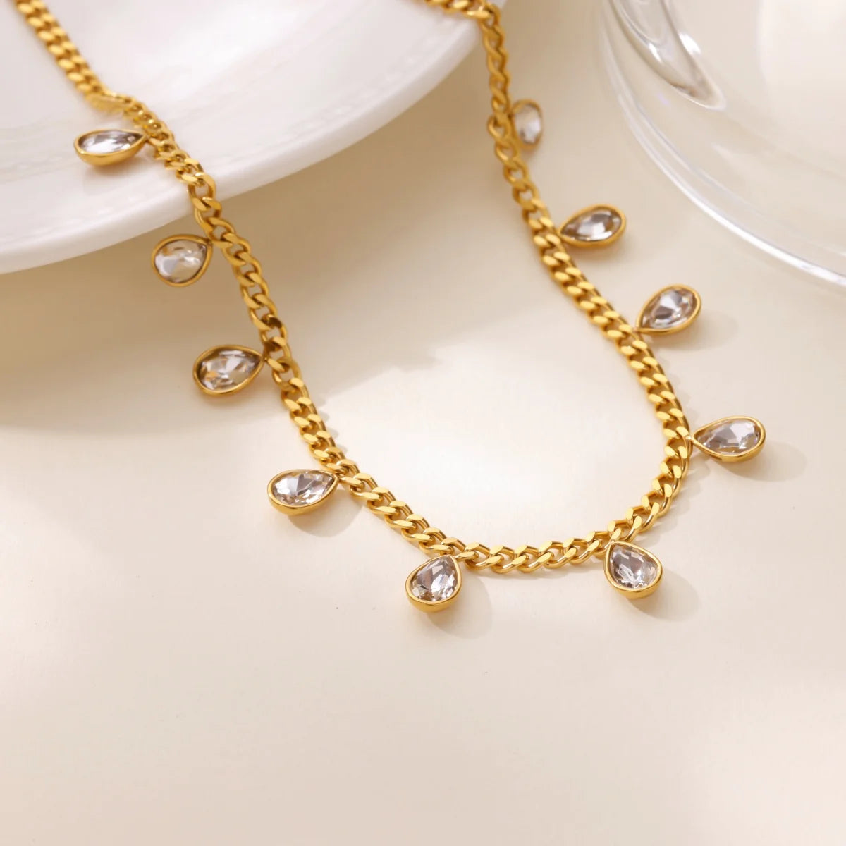 Colored Zircon Waterdrop Necklace For Women Stainless Steel Gold Color Chain Choker Necklace Luxury Jewelry collares para mujer