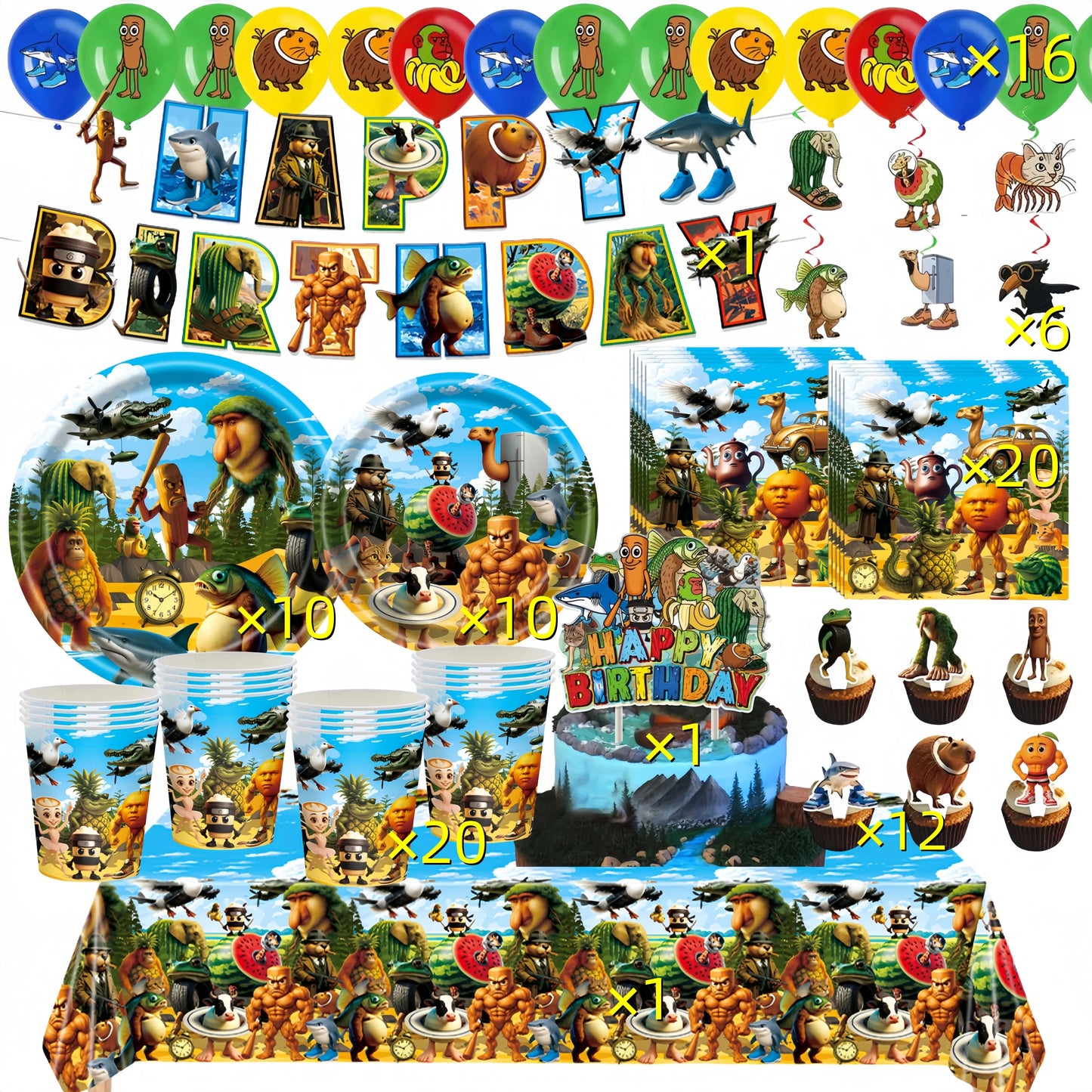 Italian Brainrot Birthday Party Decoration Tung Tung Sahur Tralalelo Tralala Balloon Sticker Cup Plate for Party Favor Supplies