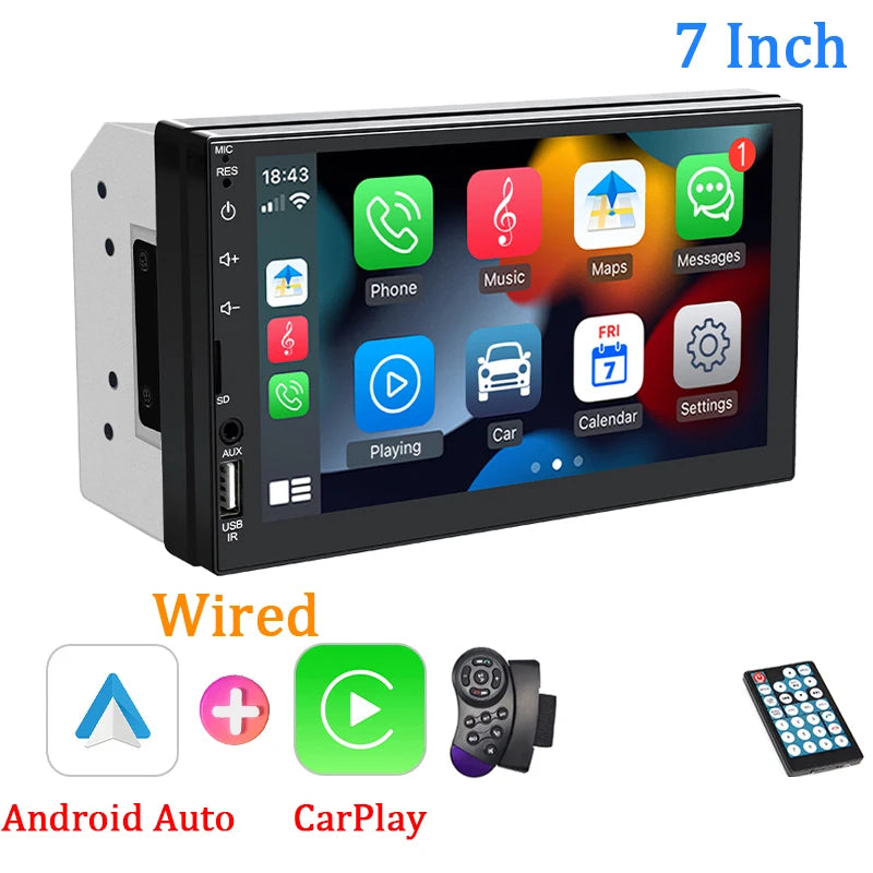 Hippcron 7" Car Radio 2Din Multimedia MP5 Player Wired Carplay Android AutoTouch Screen FM AUX Input Bluetooth Support Camera
