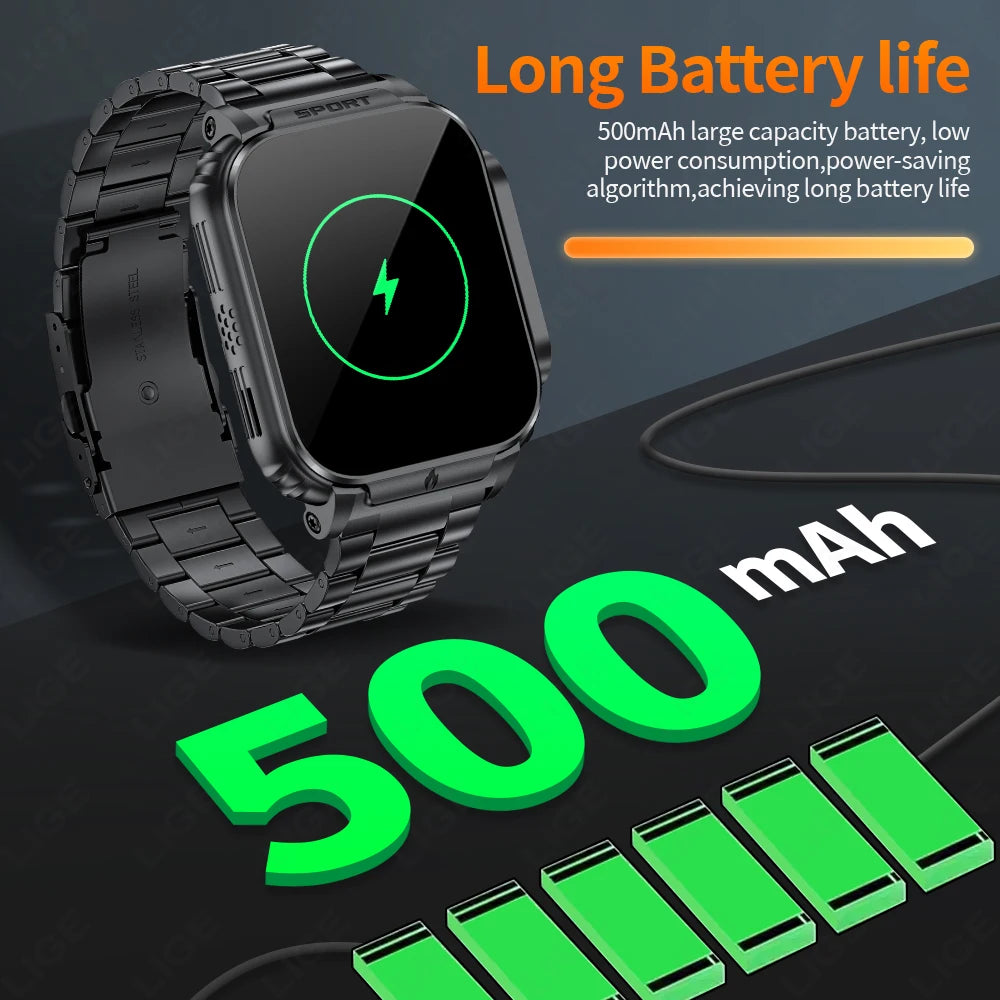 LIGE New 1.95" HD Screen Smart Watch Men 500mAh Big Battery Outdoor Sports Man Watches BT Call Smartwatch With Electronic Heater