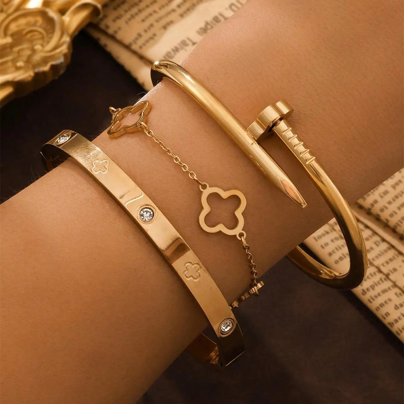3PCS French Lucky Clover Women's Bracelet Set High Quality Stainless Steel INS Hot Selling Bracelet Charm Feeling Jewelry Gift