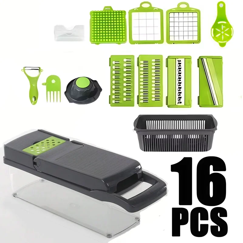 14/16-in-1 Vegetable Chopper Food Slicer Grater Carrot Tomato Cheese Onion Shredder Kitchen Utensil for Meal Prep & Cooking