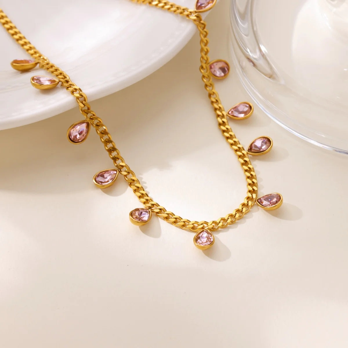 Colored Zircon Waterdrop Necklace For Women Stainless Steel Gold Color Chain Choker Necklace Luxury Jewelry collares para mujer
