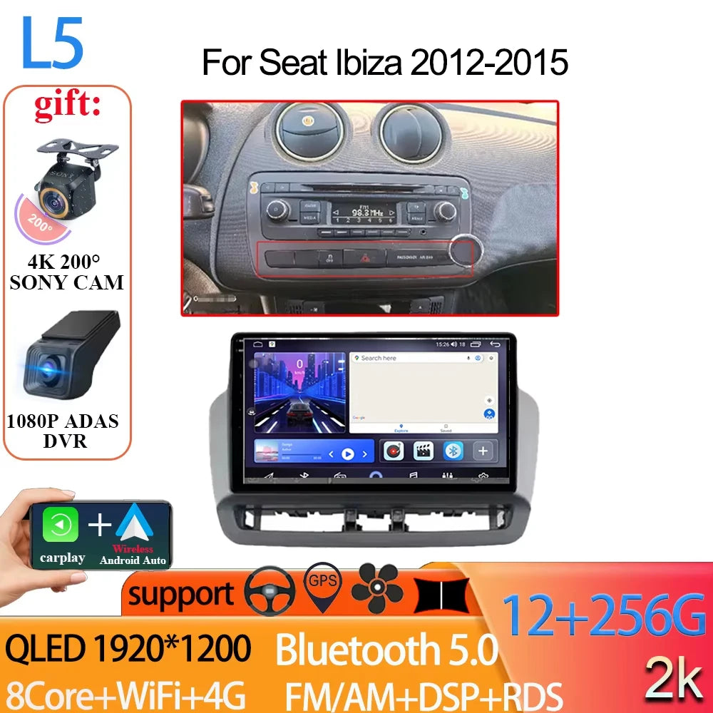 Android Auto Radio Car For Seat Ibiza 2012-2015 GPS Navigation QLED Touch Screen Multimedia Video Player 5G WIFI BT No 2din DVD