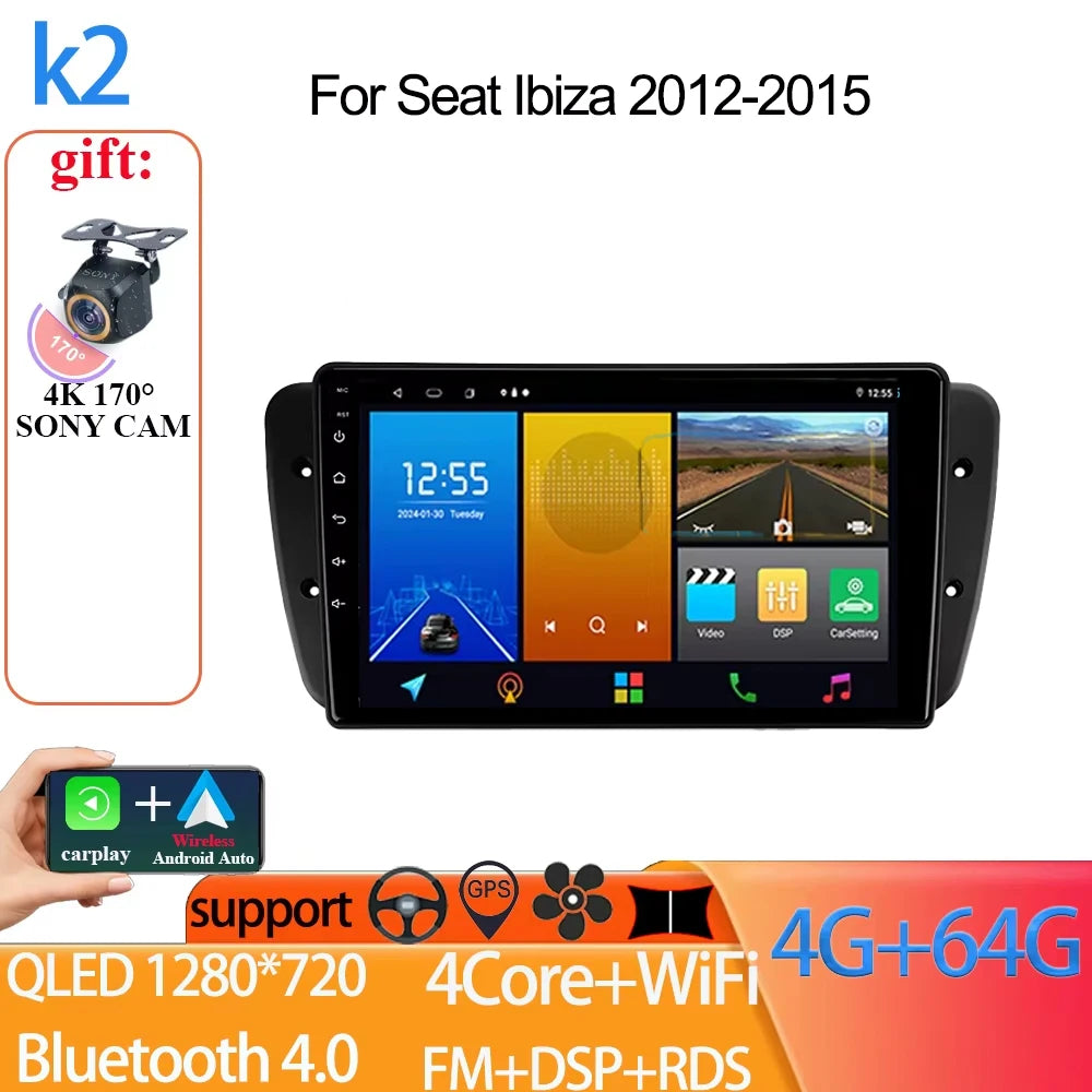 Android Auto Radio Car For Seat Ibiza 2012-2015 GPS Navigation QLED Touch Screen Multimedia Video Player 5G WIFI BT No 2din DVD